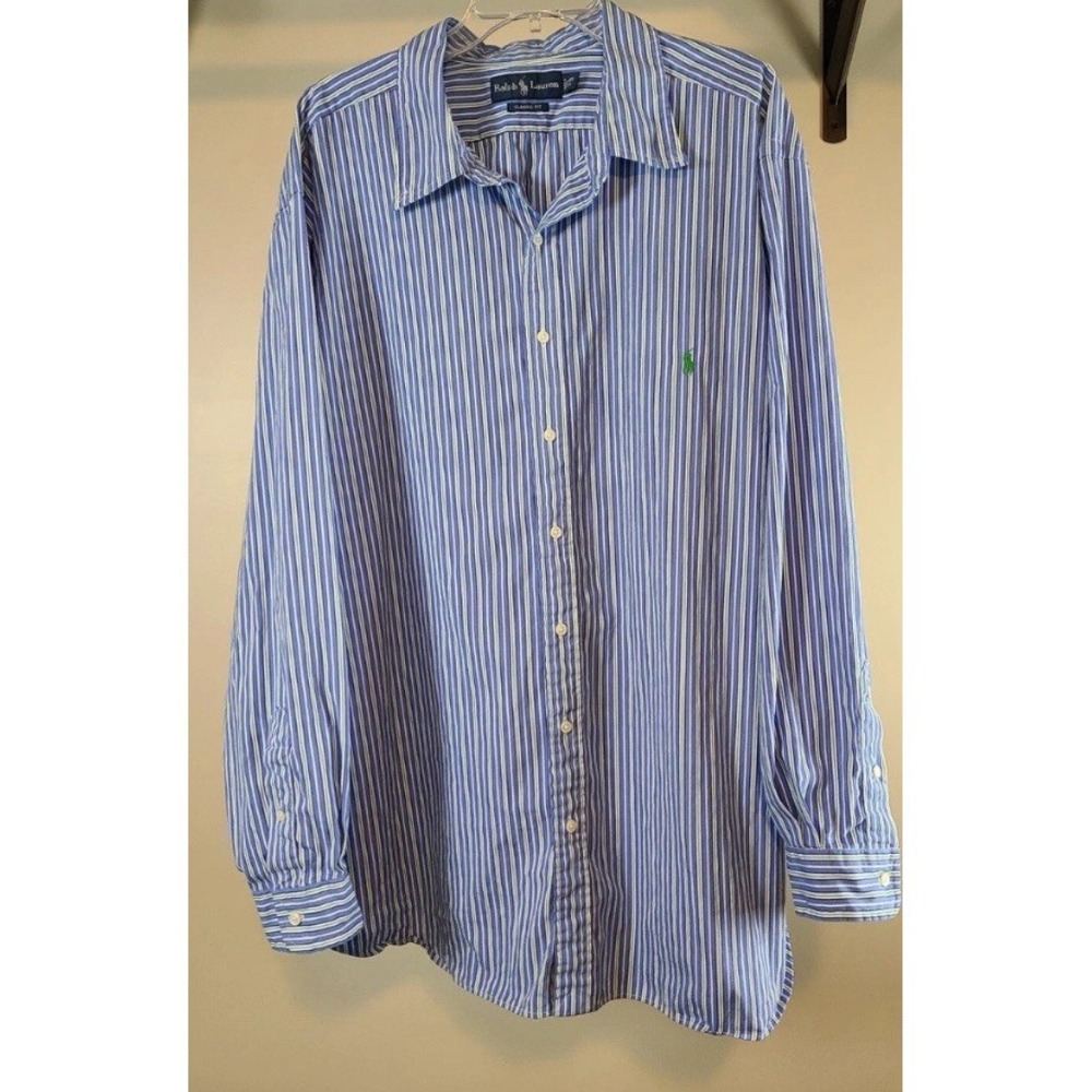 Mens Ralph Lauren Custom Fit LS Button Up Light Blue & Green Striped Size 2XB